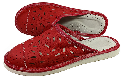 Pair of women's luxury red sheepskin house mules, handcrafted in Poland, free EU shipping - The Leather Gift Co