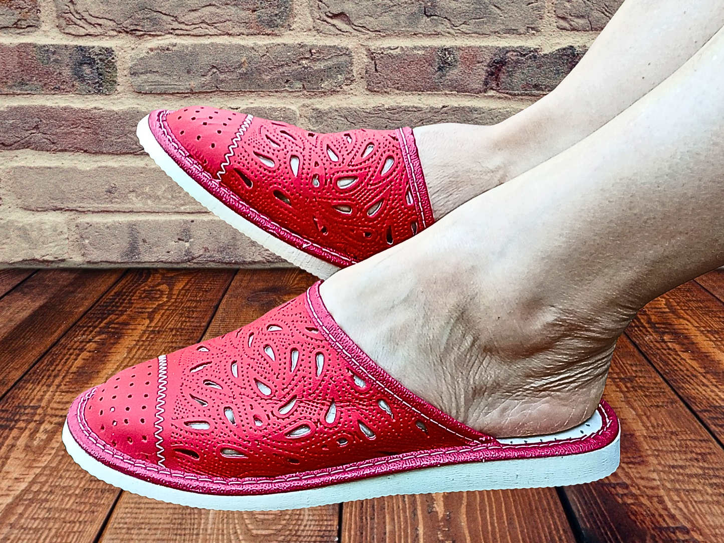 Handmade red leather bedroom mules for women, cushioned sheepskin insole, Poland - The Leather Gift Co