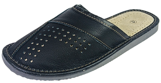 Mens black leather house slippers Handmade in Poland