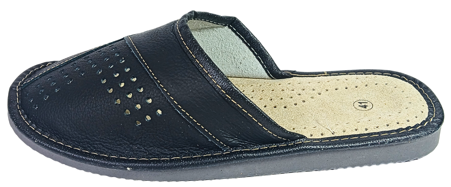 A single black leather slip-on mule with decorative perforations on the toe strap, shown against a plain white background.