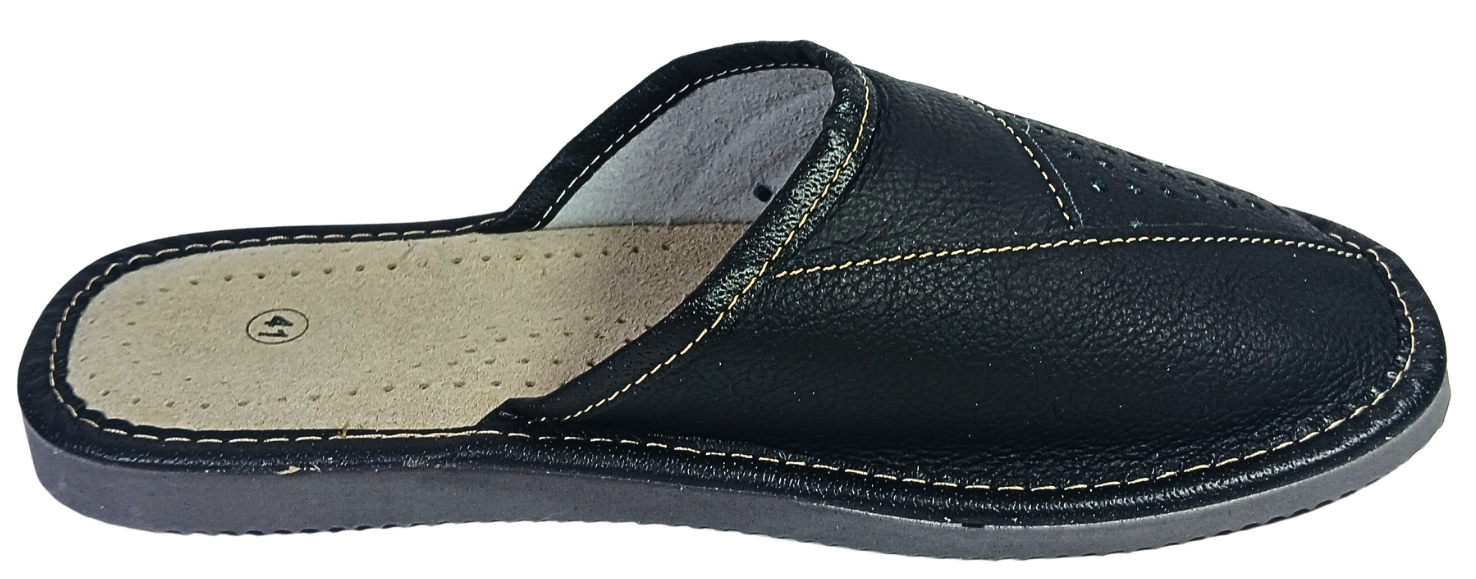 A single black leather slip-on mule shoe with contrast stitching, a textured black sole, and a light beige insole, shown from a side profile view on a white background.