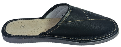 A single black leather slip-on mule shoe with contrast stitching, a textured black sole, and a light beige insole, shown from a side profile view on a white background.