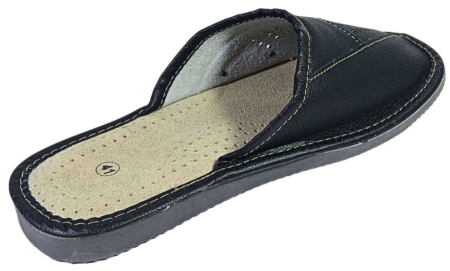 A single black leather slip-on mule slippers with contrast stitching, a beige insole, and a black outsole, shown from a high-angle perspective on a white background.