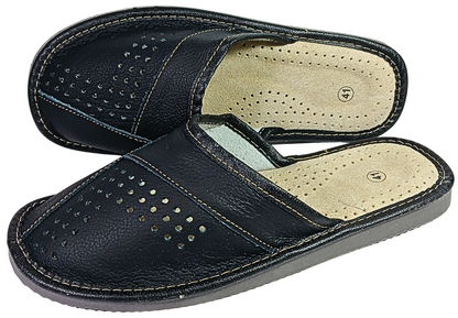 A pair of men's black leather slip-on slippers with perforated detailing on the toe and upper strap, shown against a plain white background.