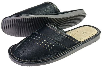 A pair of black leather slip-on slippers with perforated detailing on the upper, shown against a plain white background.