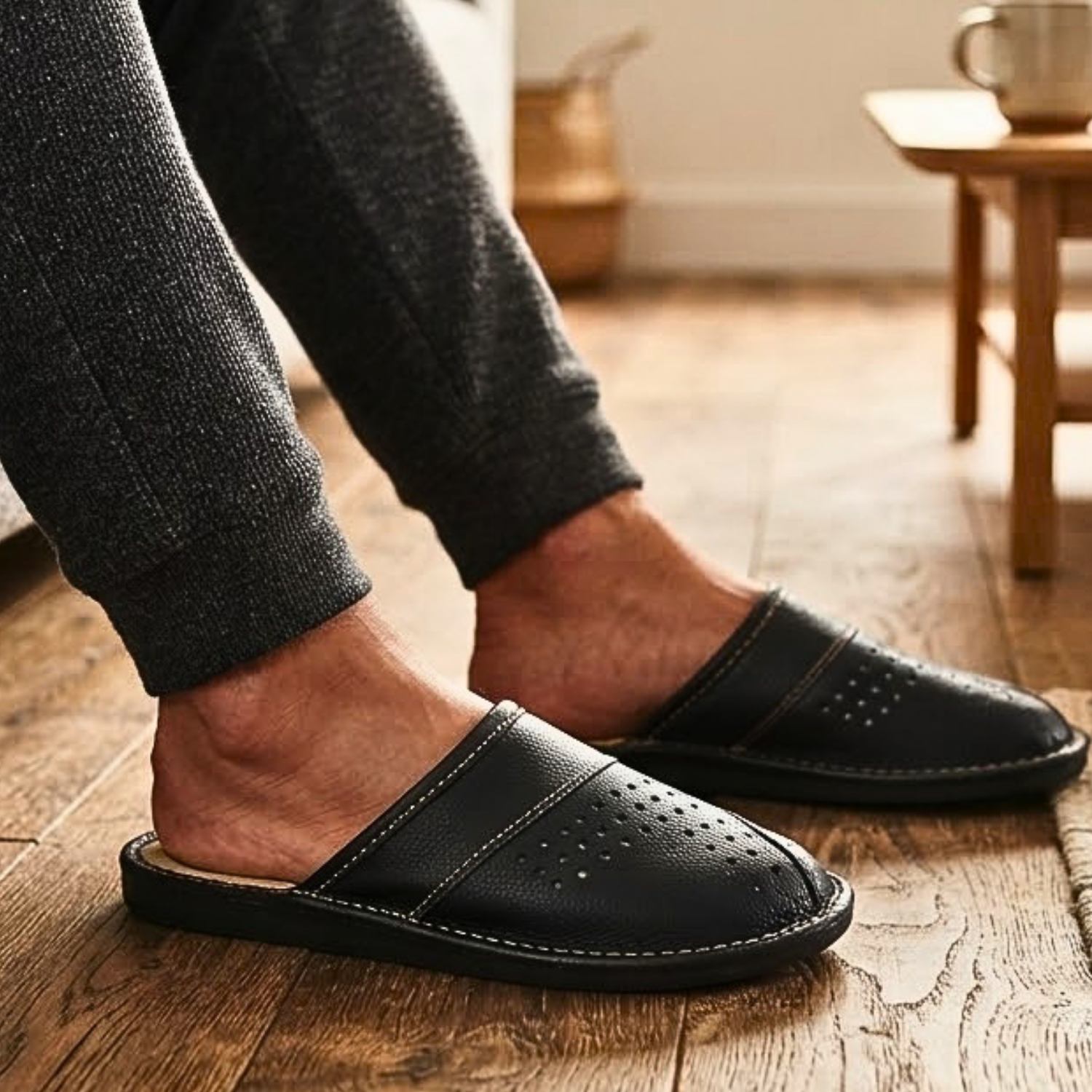 Genuine leather indoor slippers for men