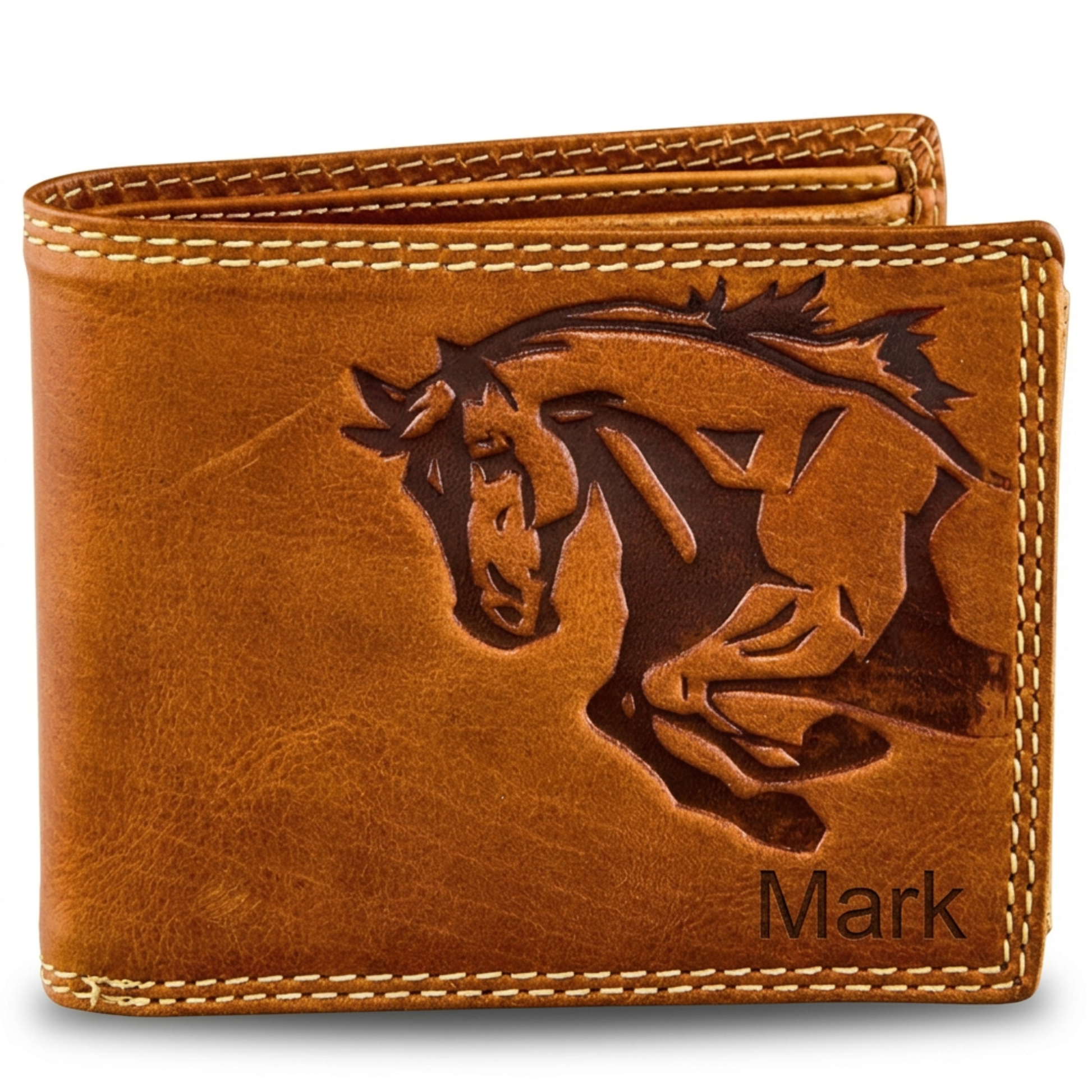 Biker leather wallet for men with horse embossing and 'Mark' engraving