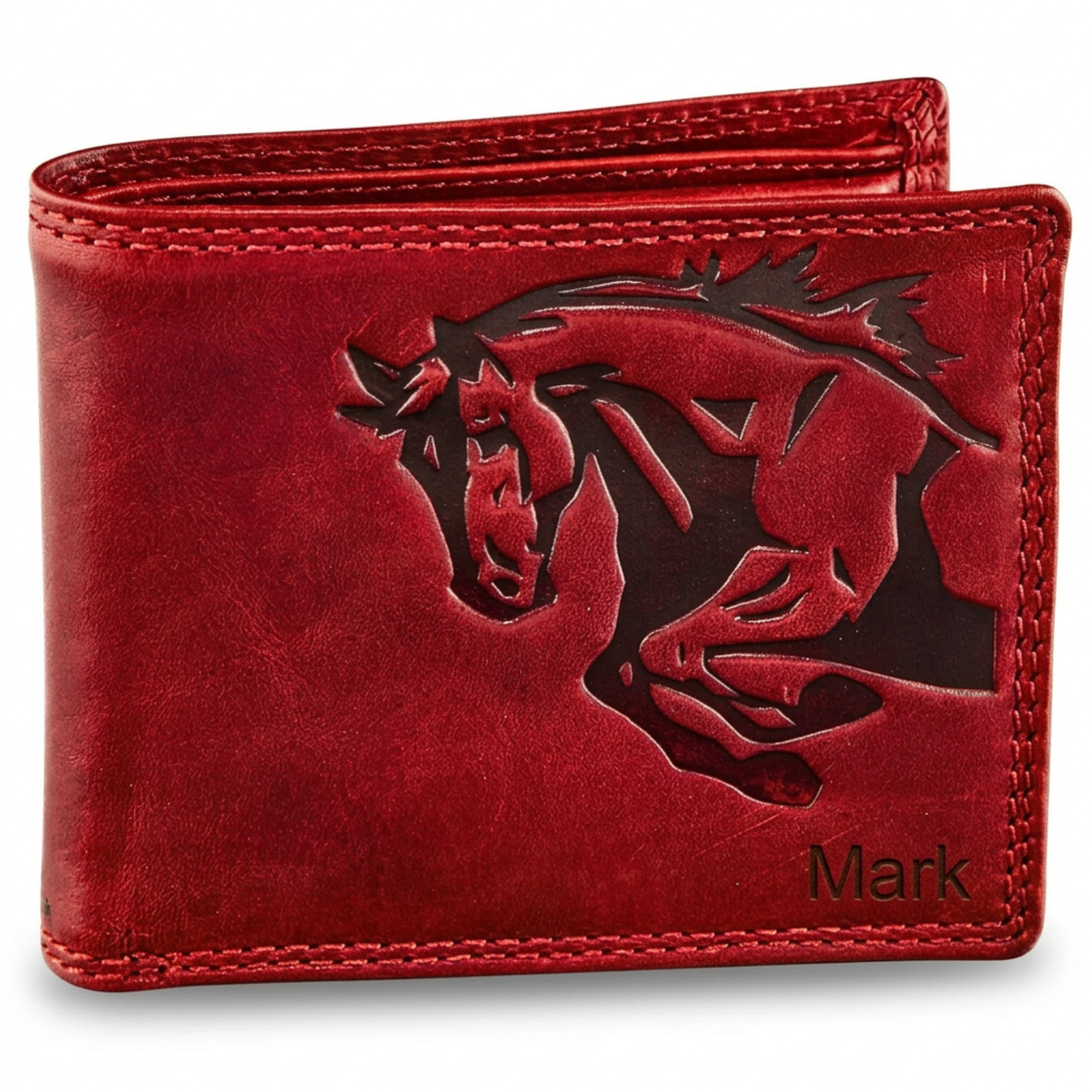 Personalized Red buffalo leather wallet for men with embossed design and 'Mark' engraving