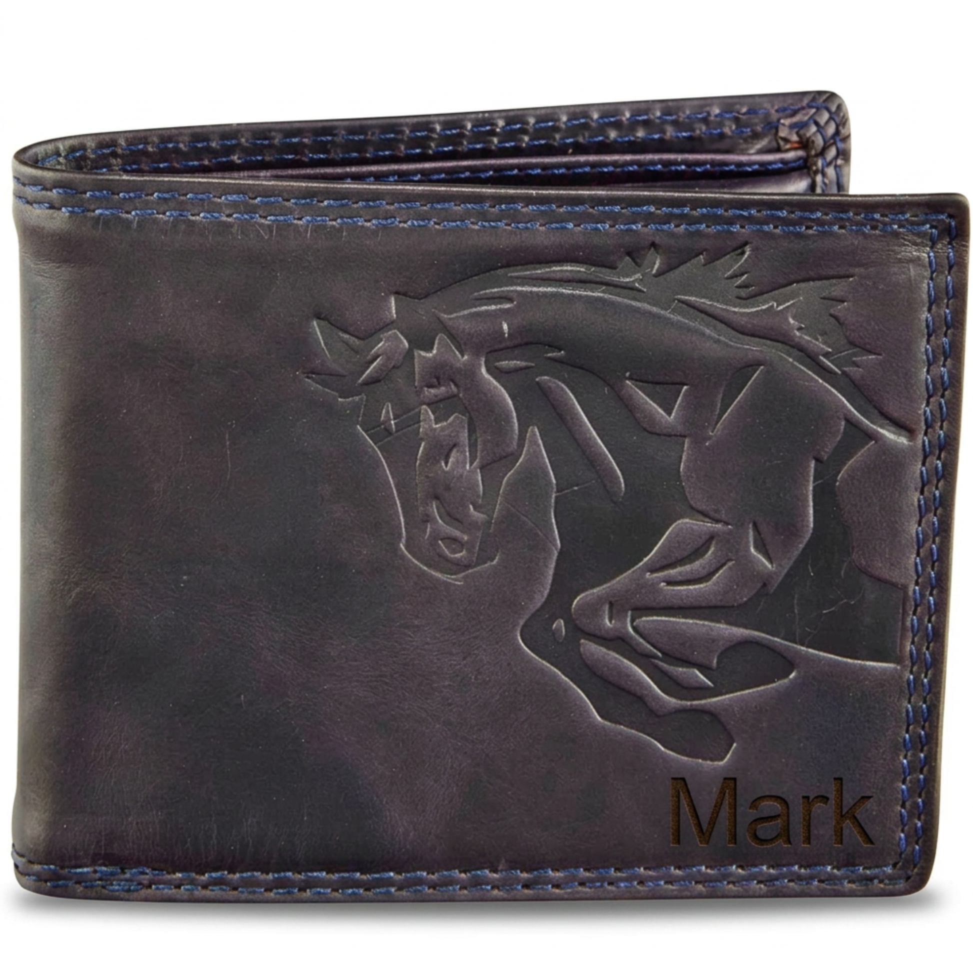 Custom Blue Mens leather wallet with embossed design and 'Mark' engraving