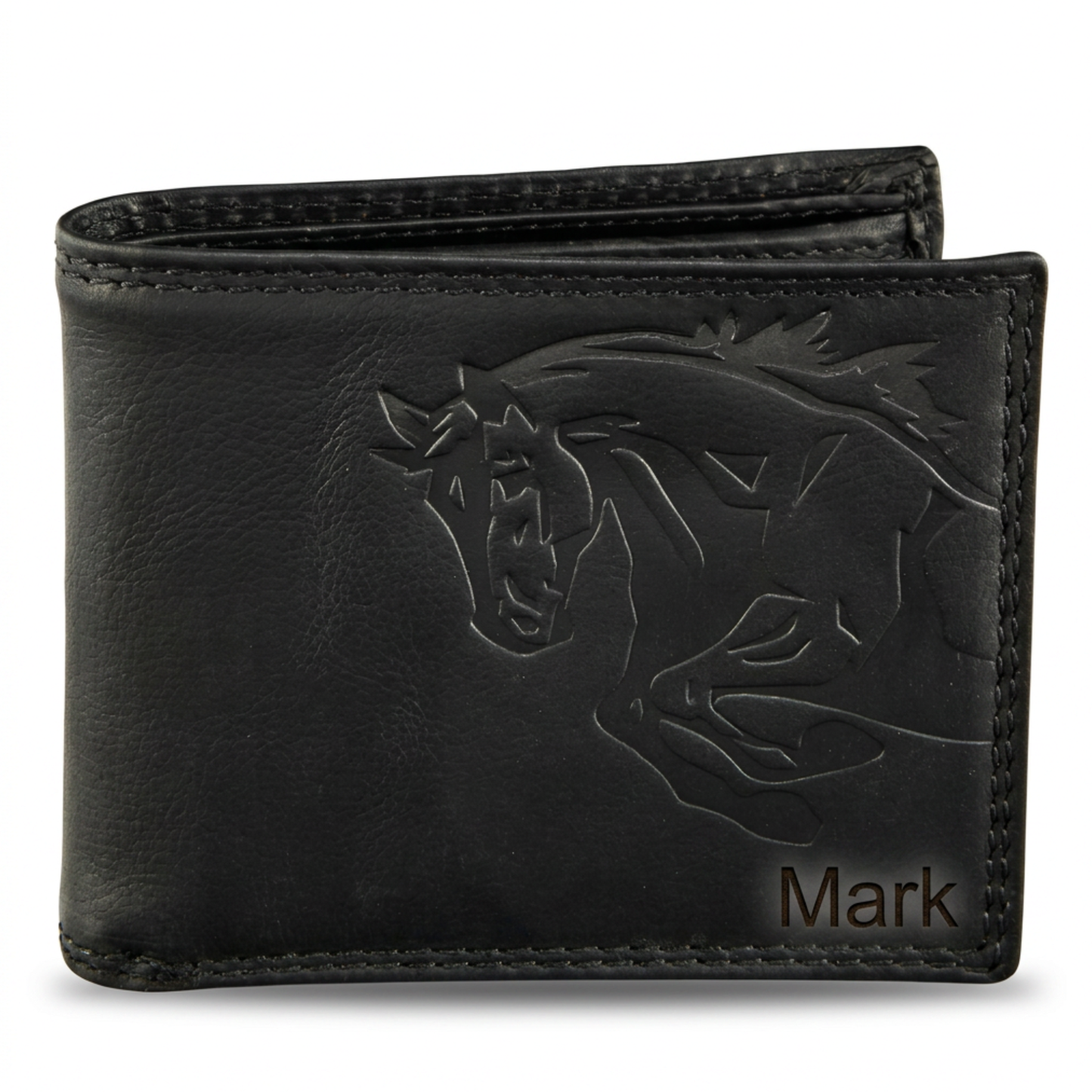 Black bifold leather wallet for men with embossed design and 'Mark' engraving
