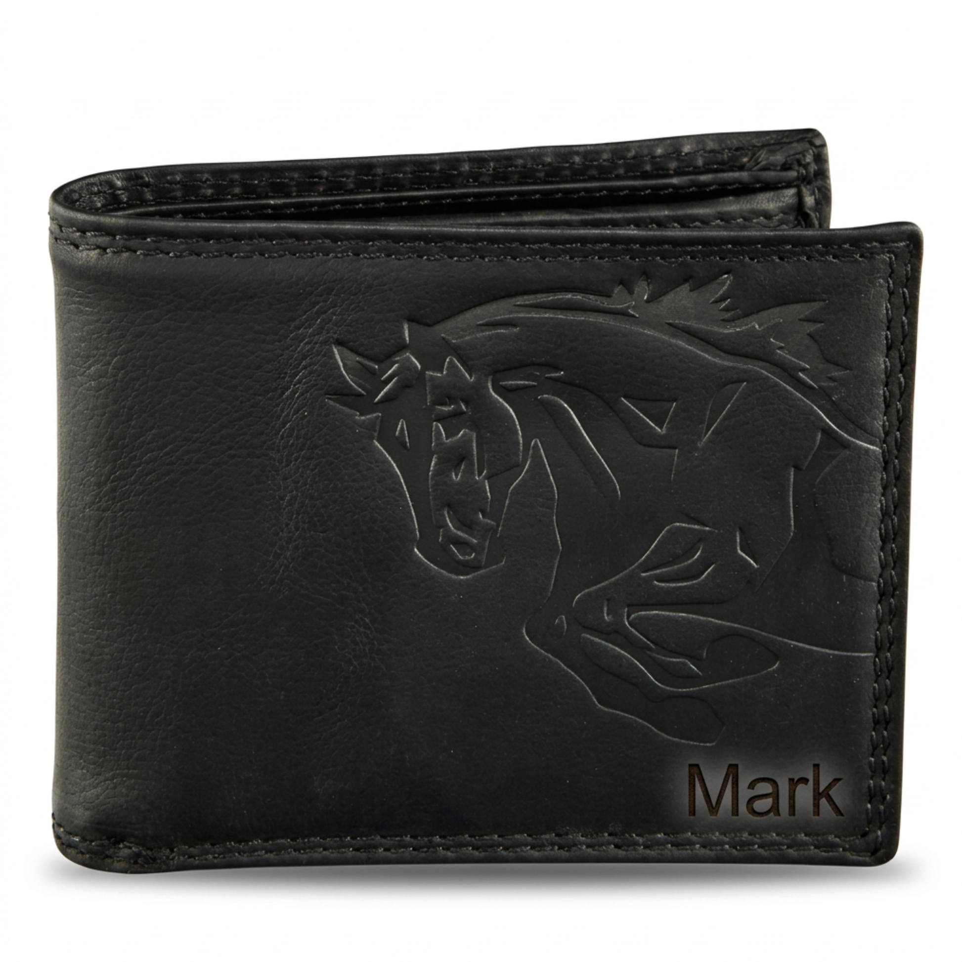 Black bifold leather wallet for men with embossed design and 'Mark' engraving