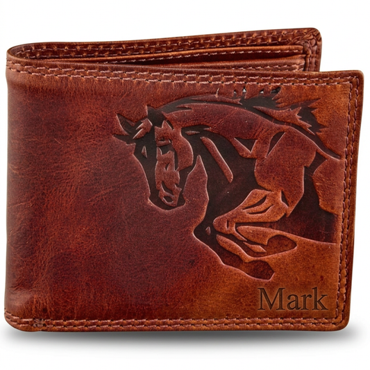 personalized Brown leather wallet for men with horse embossing and 'Mark' engraving