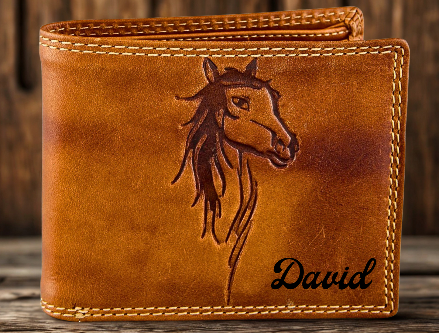 Genuine water buffalo leather bifold wallet men horse embossed RFID blocking personalized gift | The Leather Gift Co