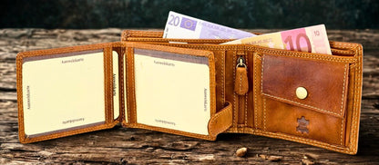 Water buffalo leather wallet men landscape design double bill section anniversary gift | The Leather Gift Co