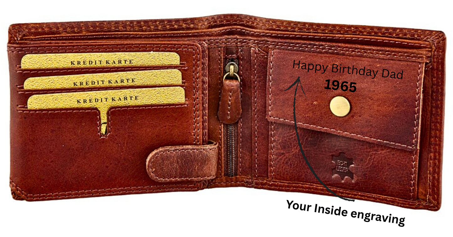 Engraved leather wallet with inside personal message – custom gift for men