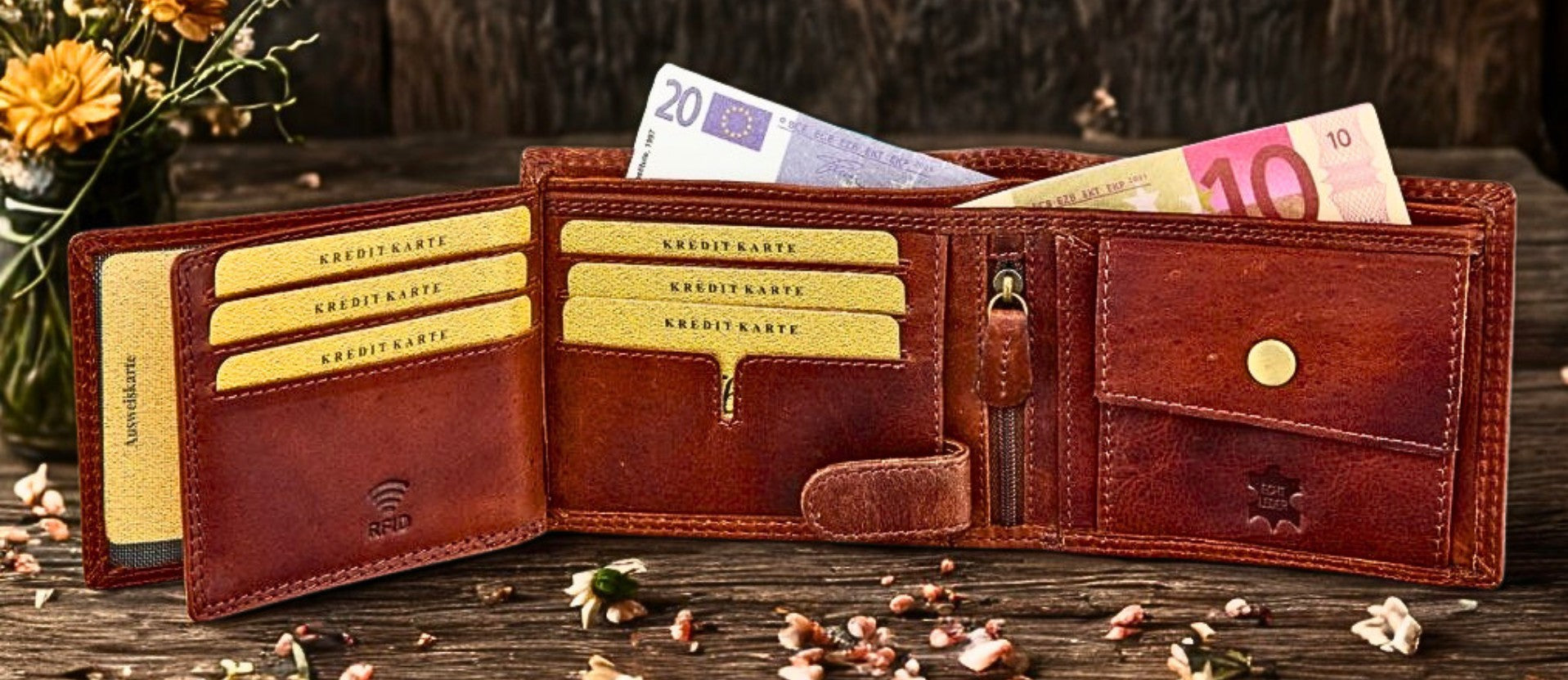 Running Horse embossed leather wallet open showing card slots and ID windows