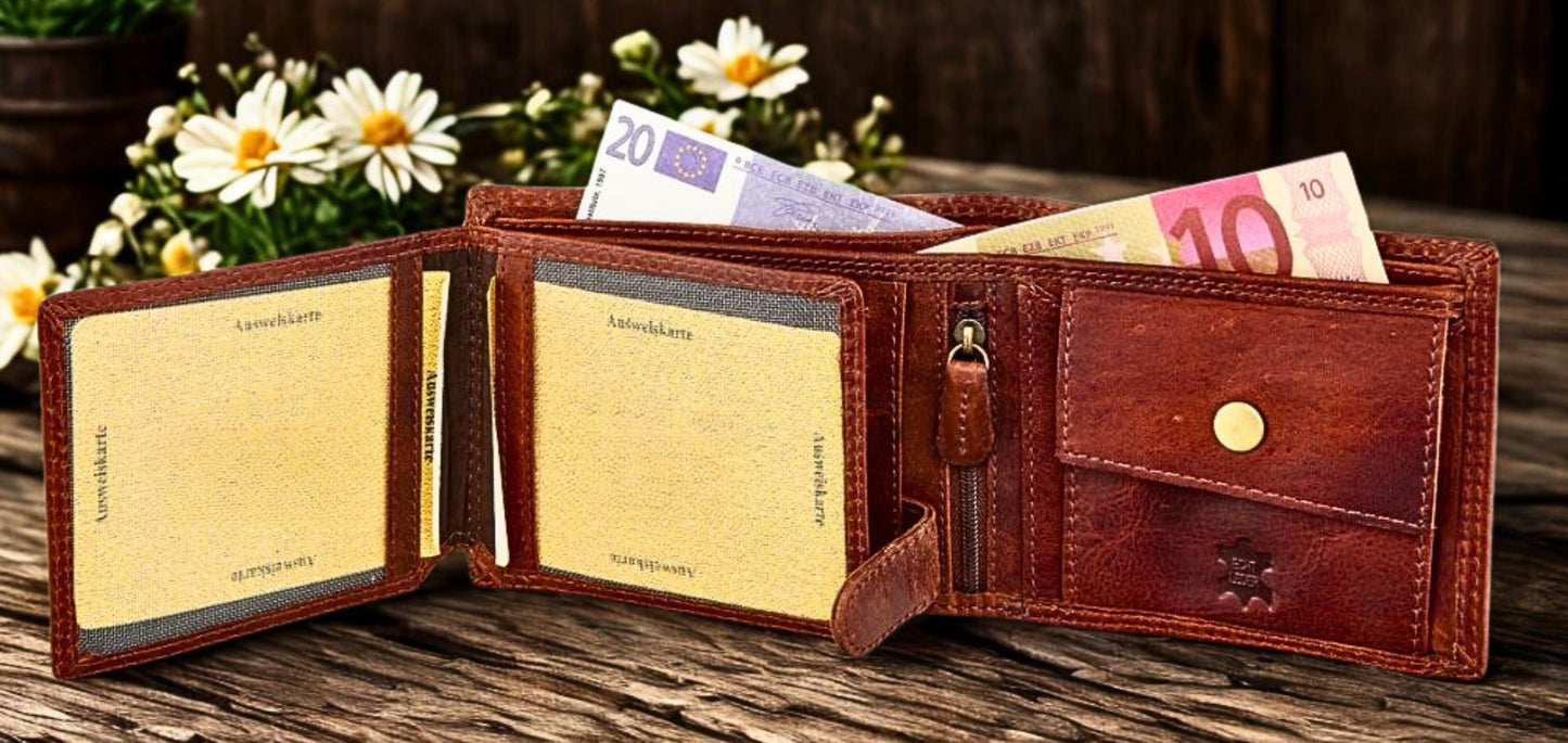 Men's bifold leather wallet interior with 9 card slots and double banknote section