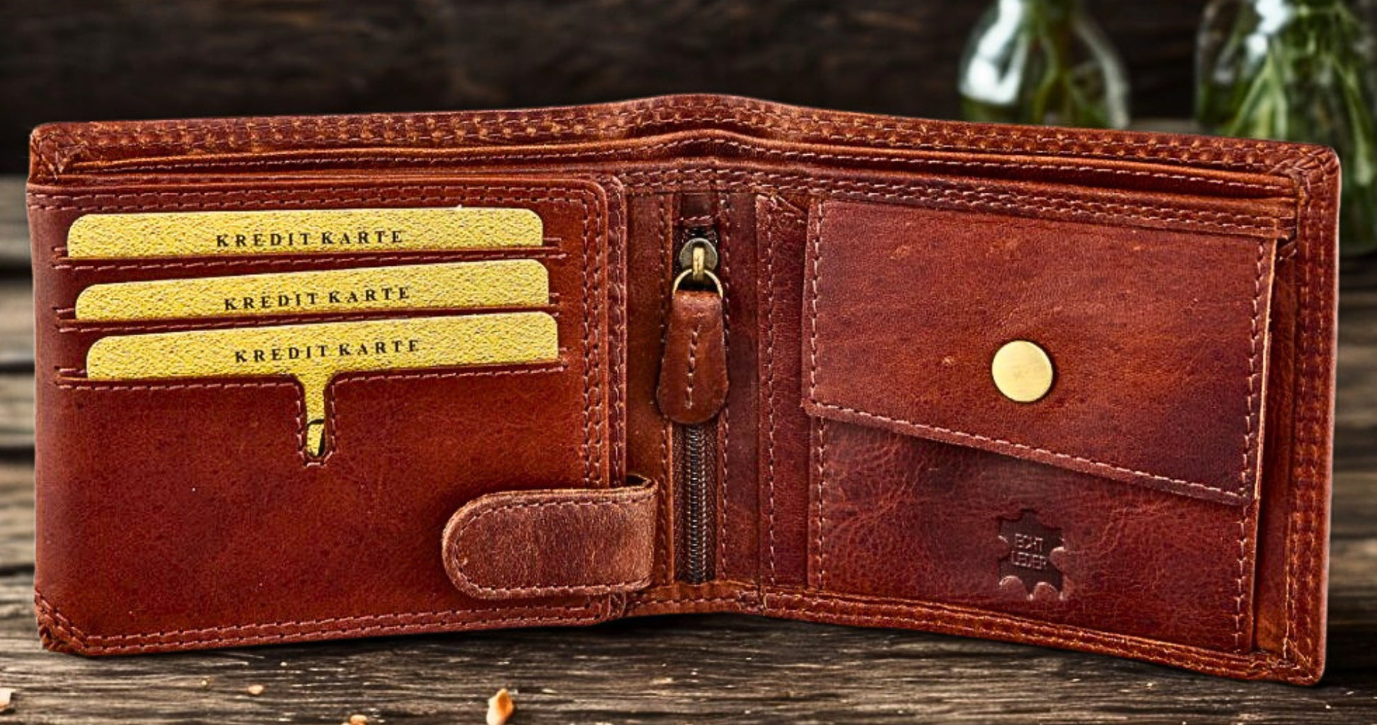 Water Buffalo leather wallet coin pocket with snap closure detail