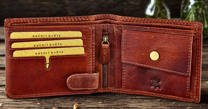 Water Buffalo leather wallet coin pocket with snap closure detail