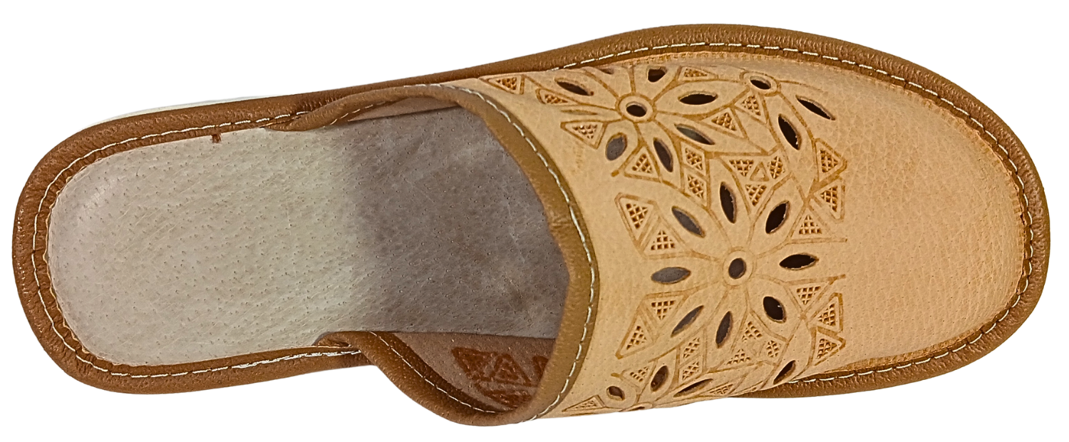 Handcrafted women's leather slippers with mandala-style cutout pattern – closed toe mule style, made in Poland
