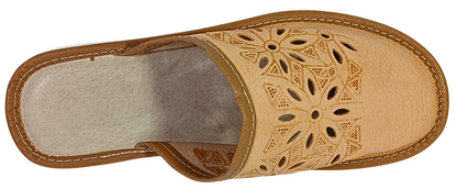 Handcrafted women's leather slippers with mandala-style cutout pattern – closed toe mule style, made in Poland