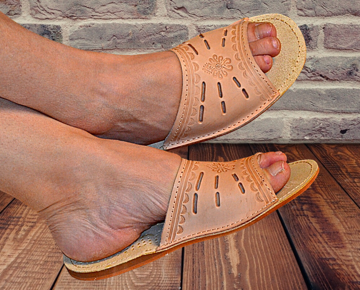 Women's traditional handmade sheepskin leather house sandals, open toe barefoot slip-on, made in Poland - The Leather Gift Co