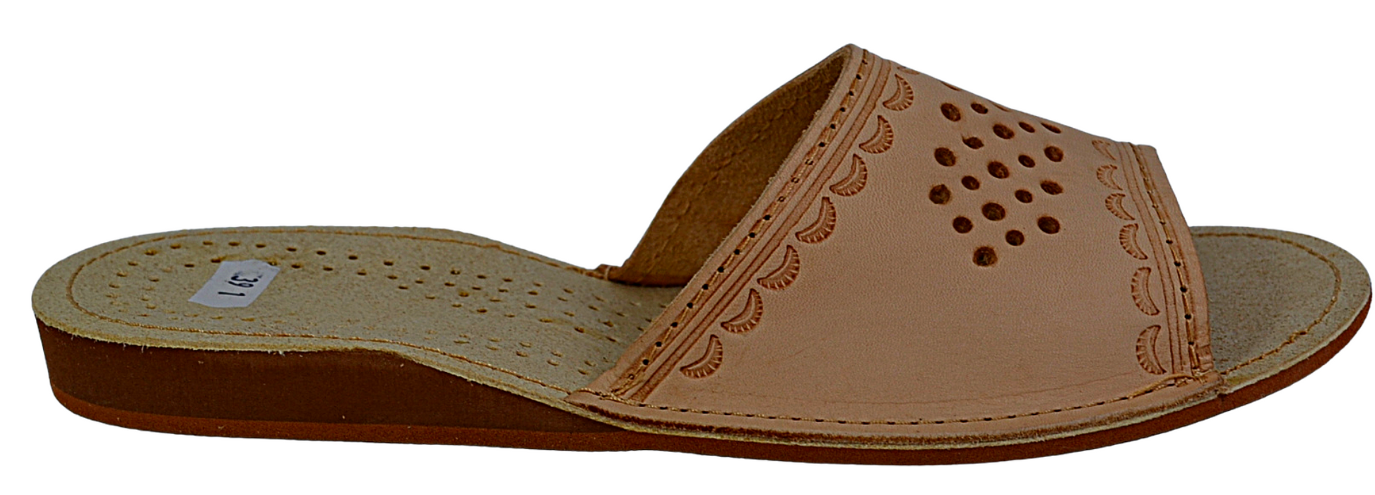 Side view of women's traditional sheepskin leather open toe indoor mules, made in Poland - The Leather Gift Co