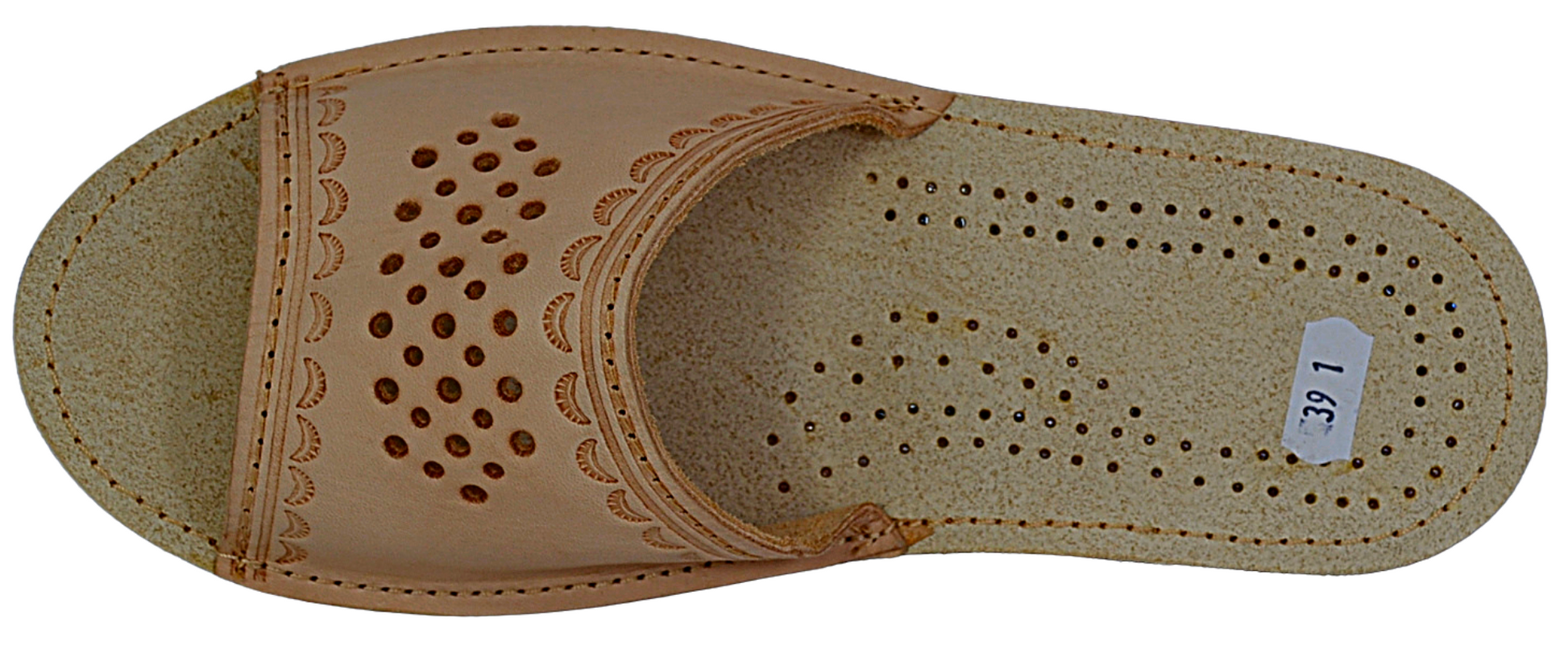 Top view of ladies' sheepskin leather house sandals, open toe slip-on mule design - The Leather Gift Co
