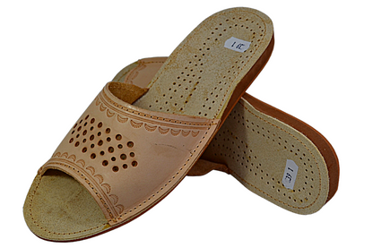 Cushioned sheepskin insole of women's handmade leather open toe house sandals, Poland - The Leather Gift Co