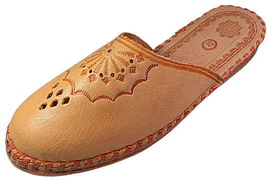 Women's traditional handmade leather house mules with floral design, closed toe slip-on, made in Poland - The Leather Gift Co