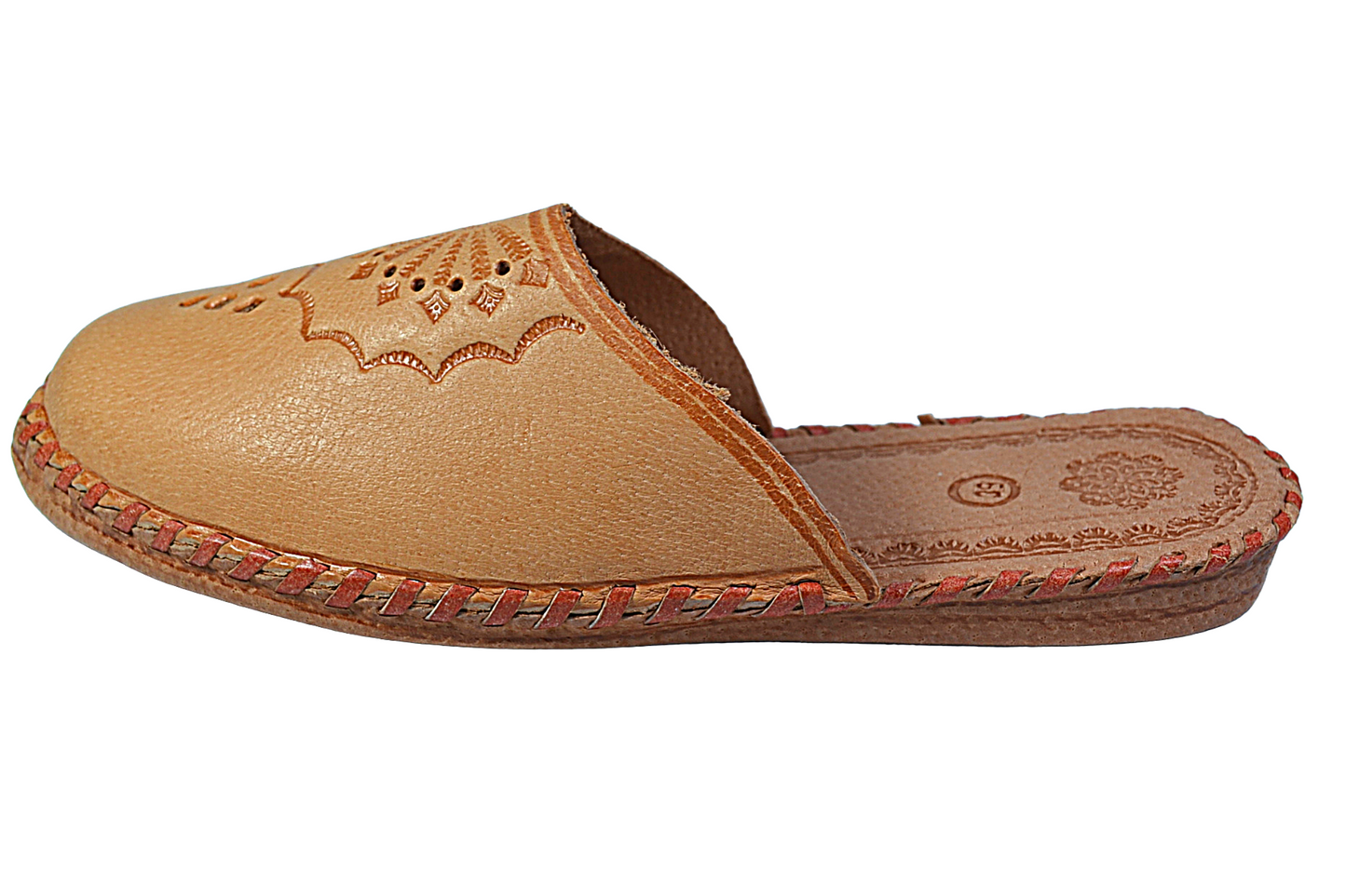 Ladies' genuine leather traditional slippers with floral pattern, barefoot closed toe mules - The Leather Gift Co