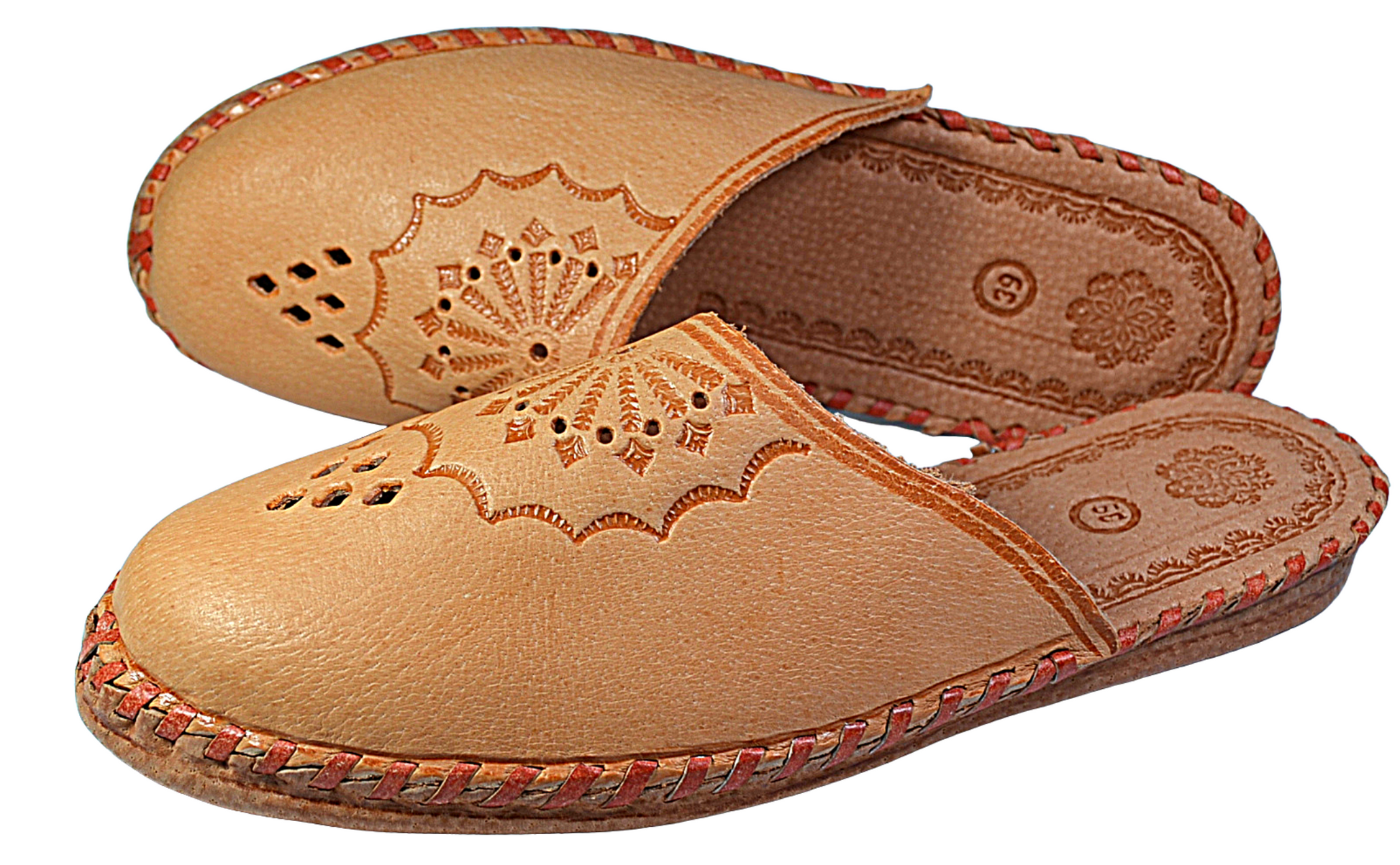 Handmade women's floral leather house slippers, closed toe slip-on indoor mules, Polish artisan craft - The Leather Gift Co