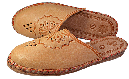 Handmade women's floral leather house slippers, closed toe slip-on indoor mules, Polish artisan craft - The Leather Gift Co