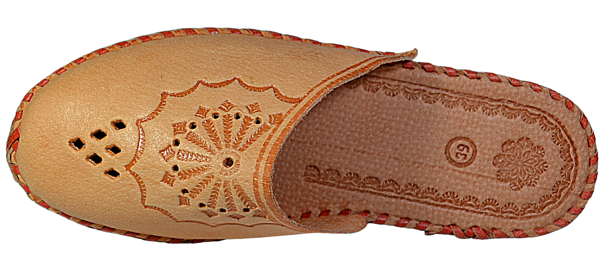 Side view of women's traditional genuine leather house mules with floral design, made in Poland - The Leather Gift Co