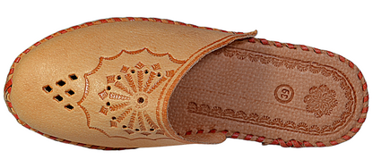 Side view of women's traditional genuine leather house mules with floral design, made in Poland - The Leather Gift Co