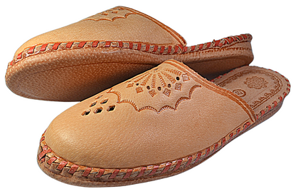 Women's traditional leather closed toe slippers, floral pattern upper, lightweight summer house mules - The Leather Gift Co