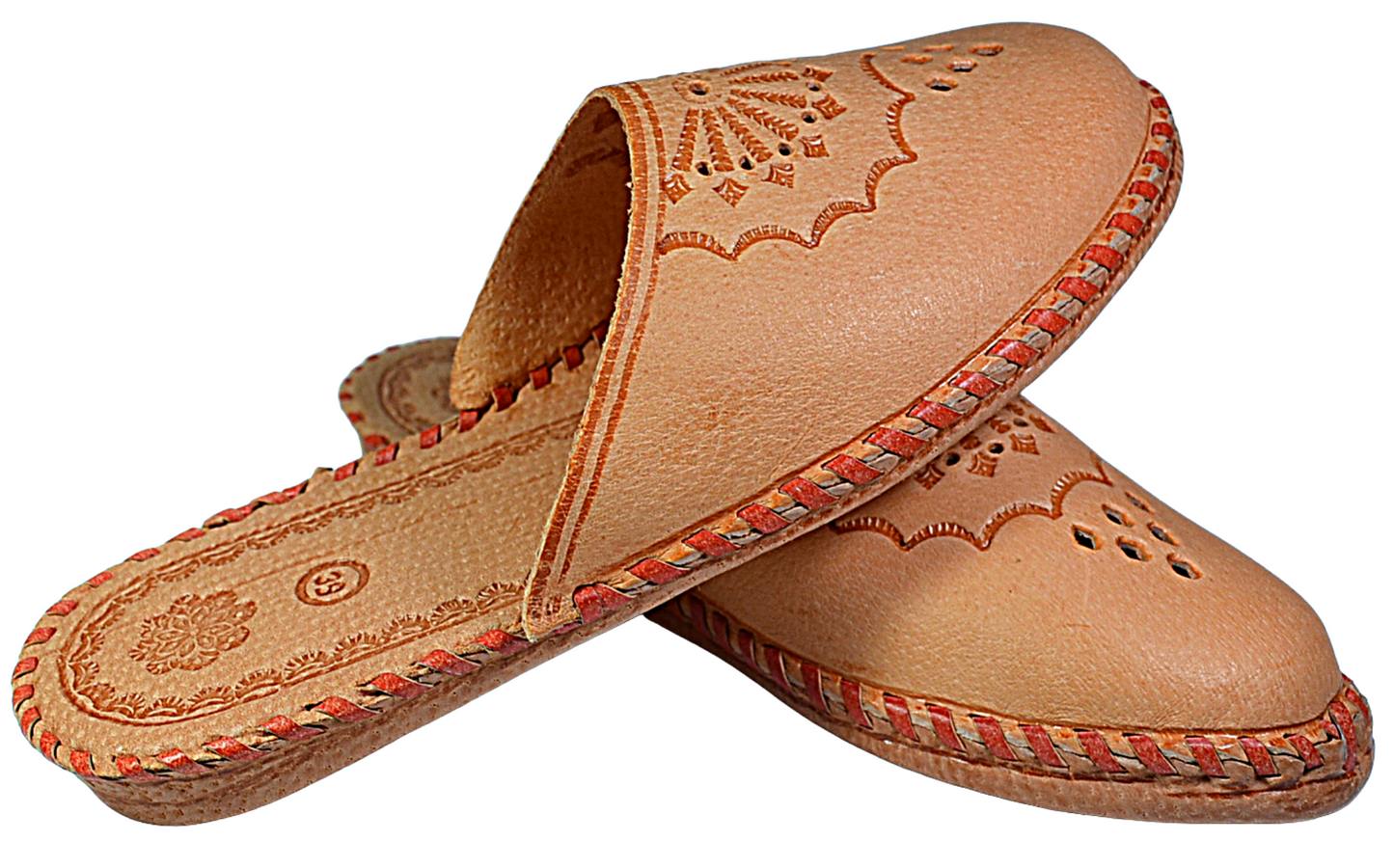 Pair of women's traditional handmade leather slippers with floral pattern, free EU shipping - The Leather Gift Co