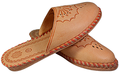 Pair of women's traditional handmade leather slippers with floral pattern, free EU shipping - The Leather Gift Co