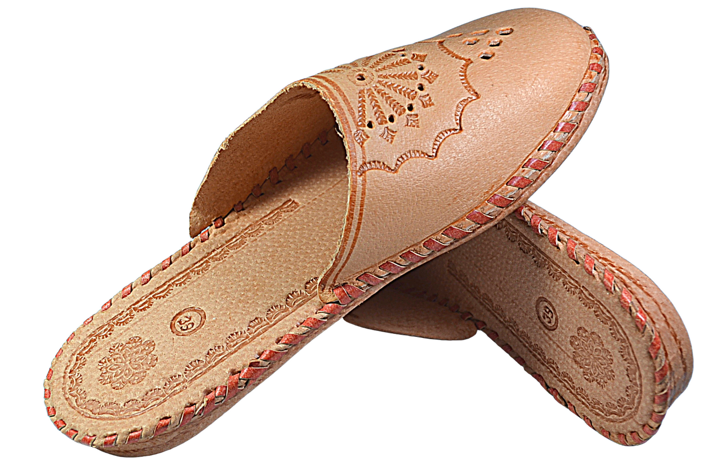 Top view of ladies' handmade floral leather house mules, easy slip-on closed toe design - The Leather Gift Co