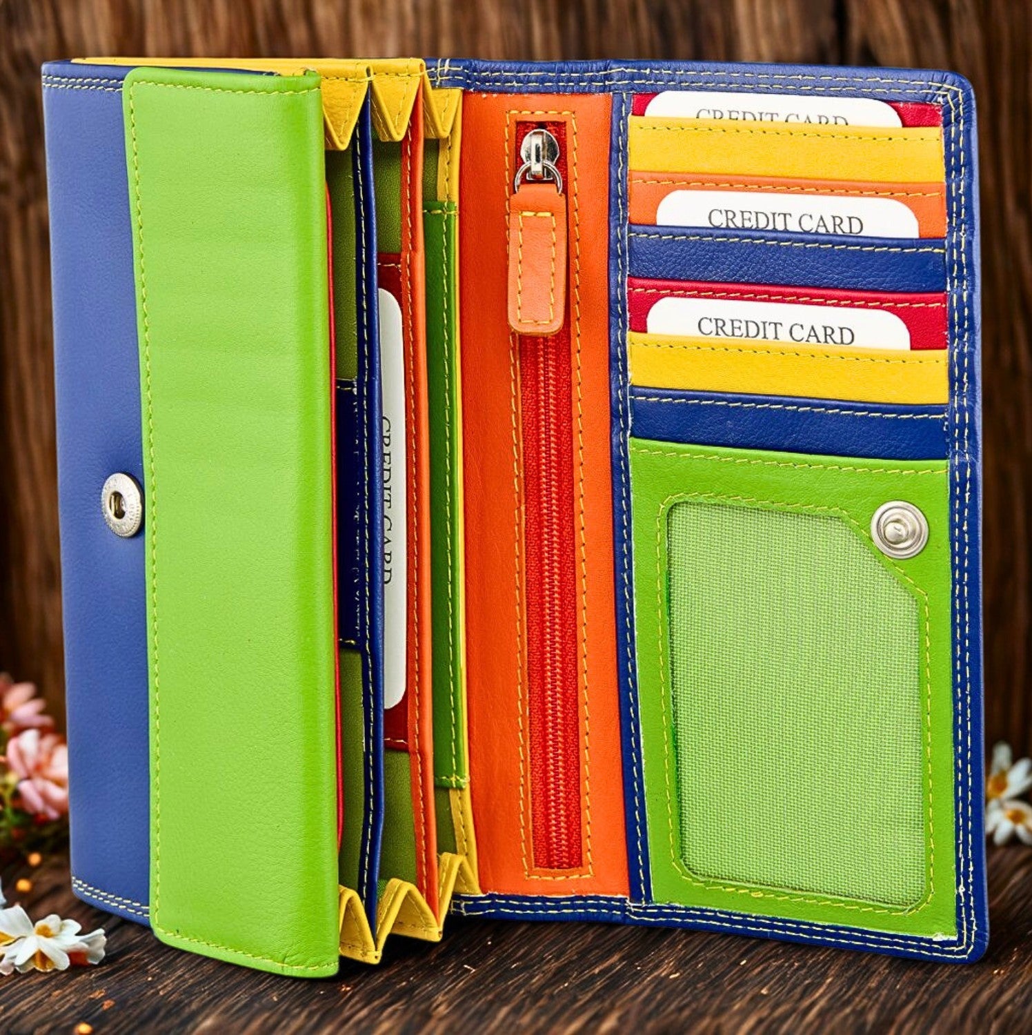 RFID Nappa leather long purse for women – vibrant zip-around clutch wallet detail view, handmade genuine leather, The Leather Gift Co