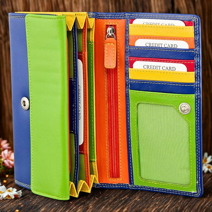 RFID Nappa leather long purse for women – vibrant zip-around clutch wallet detail view, handmade genuine leather, The Leather Gift Co
