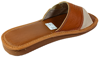 Side view of women's sheepskin leather bedroom slippers, open toe barefoot flip flop design - The Leather Gift Co
