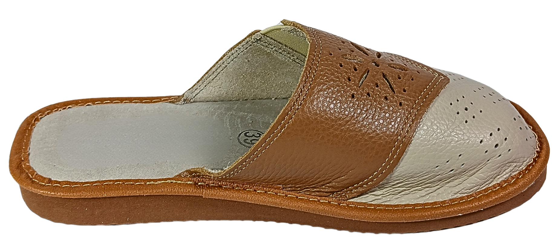 Women's traditional Polish leather house slippers, wide fit slip-on mules, cushioned footbed - The Leather Gift Co