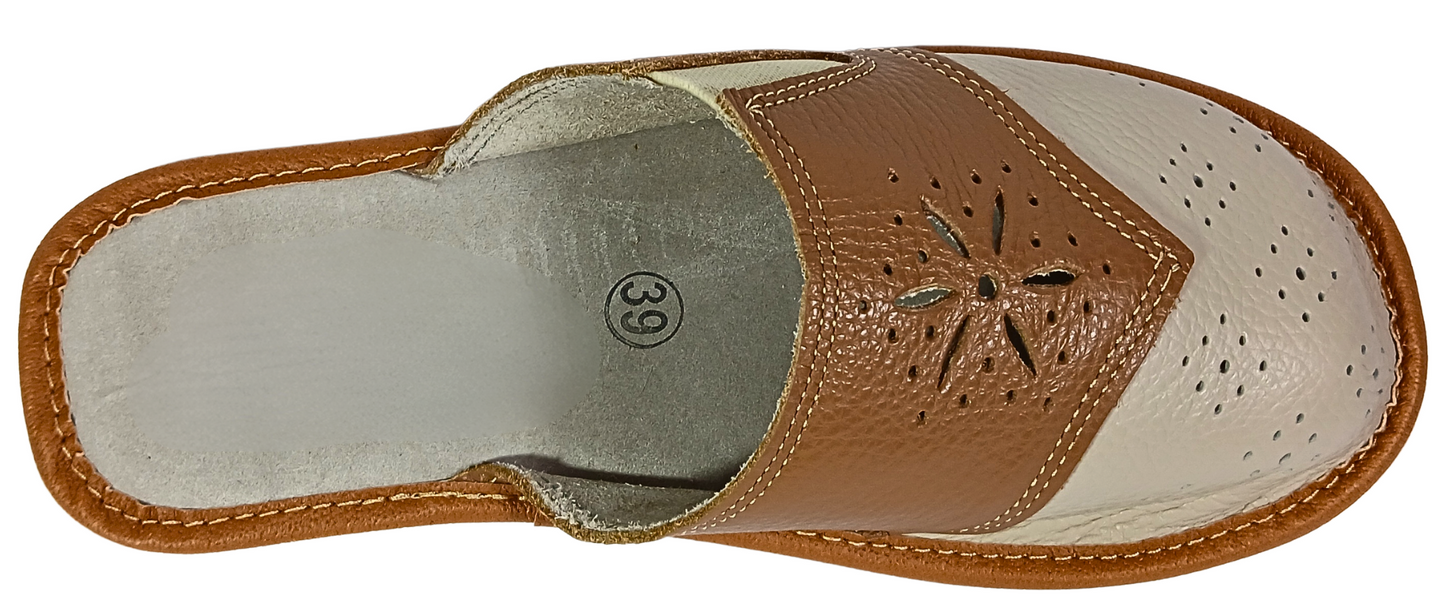 Women's wide fit leather indoor slippers, non-slip rubber sole, handmade in Poland - The Leather Gift Co