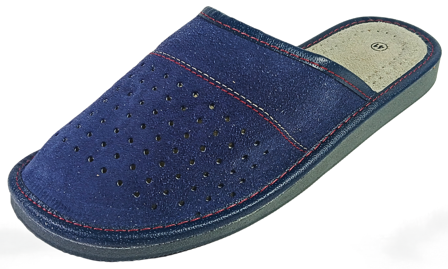 Side profile view of men's navy blue suede closed-toe slipper with perforated dot vamp, red contrast stitching and cream leather insole — The Leather Gift Co