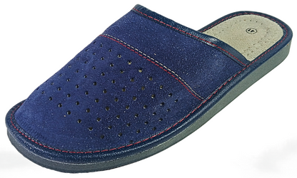 Side profile view of men's navy blue suede closed-toe slipper with perforated dot vamp, red contrast stitching and cream leather insole — The Leather Gift Co