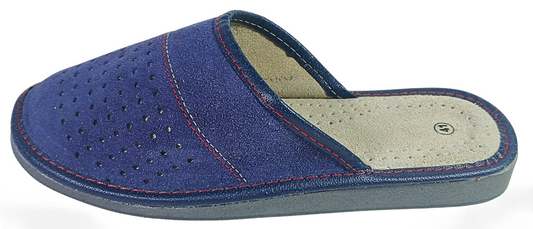 Three-quarter front view of men's navy blue suede closed-toe slipper showing perforated vamp, cream leather insole and dark rubber outsole — The Leather Gift Co