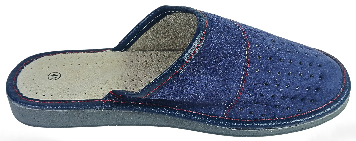 Three-quarter front view of pair of men's navy blue suede closed-toe slippers showing perforated dot vamp and cream leather insole — The Leather Gift Co