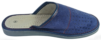 Three-quarter front view of pair of men's navy blue suede closed-toe slippers showing perforated dot vamp and cream leather insole — The Leather Gift Co