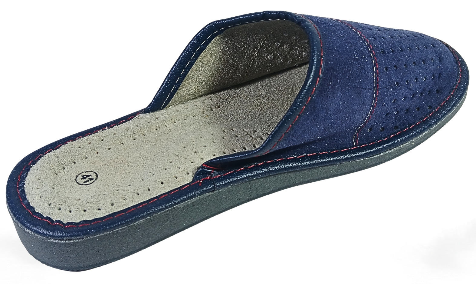  Three-quarter rear view of pair of men's navy blue suede closed-toe slippers showing ribbed rubber outsole and red contrast stitching — The Leather Gift Co